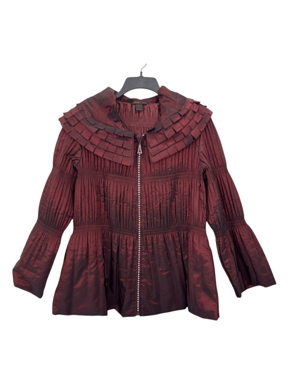 Jerry T Womens Pleated Burgundy Jacket With Unique Collar & Flared Sleeves Size